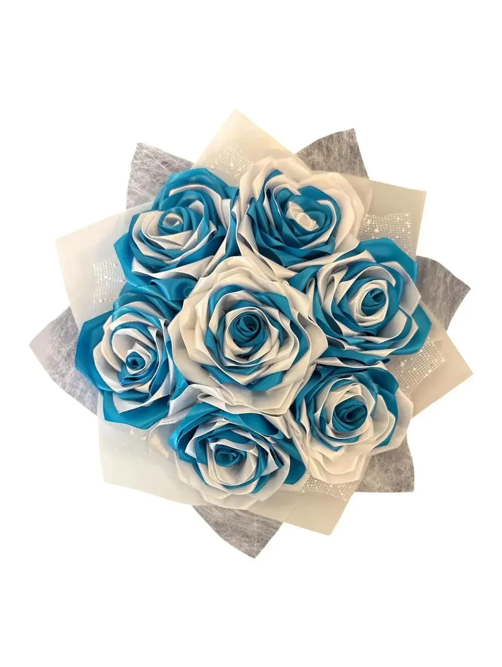 Handmade Blue and White Satin Rose Bouquet with Satin Bow